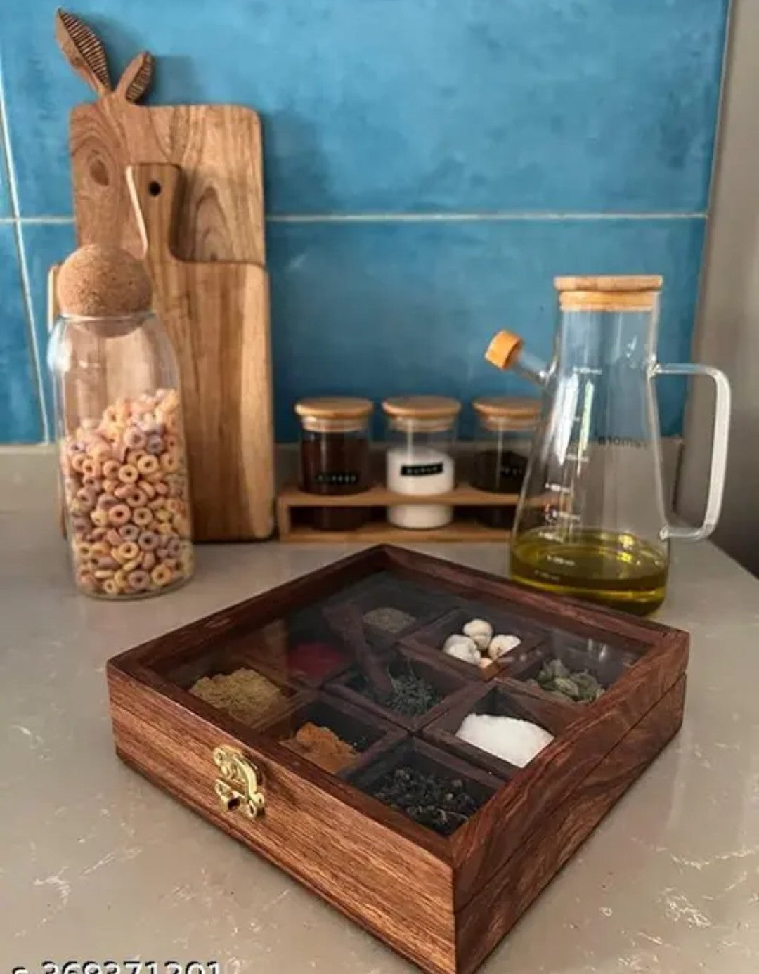 Wooden Spice Box with Anique Lock Table Top Masala Dabba 9 Section/Partition Jars Cum Kitchen with Spoon