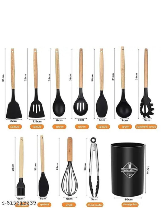 12 Pcs Silicone Cooking Utensils Set with Wooden Handle & Holder | Heat Resistant Non-Stick Kitchen Tools for Cooking & Baking | BPA Free Spatula Spoon Set (Black)