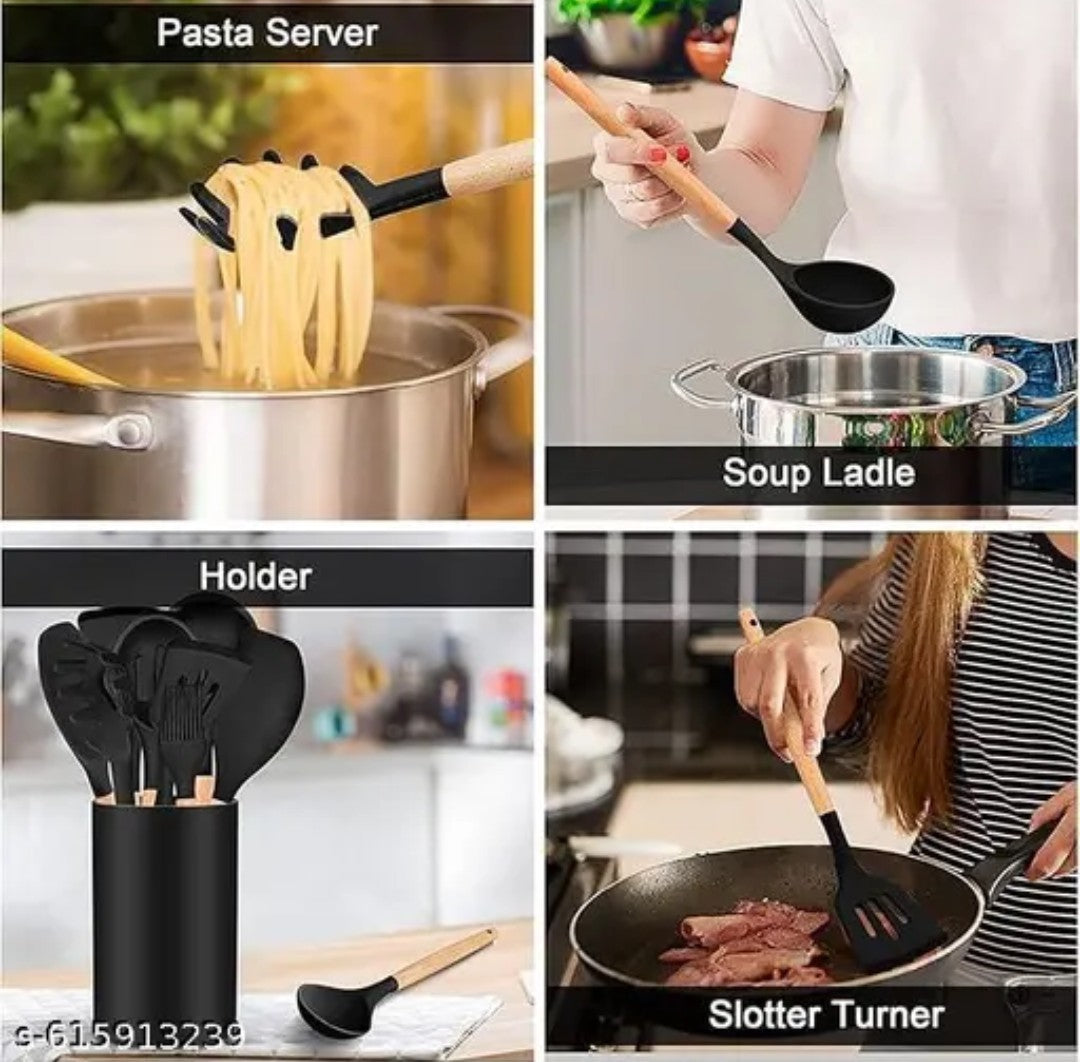 12 Pcs Silicone Cooking Utensils Set with Wooden Handle & Holder | Heat Resistant Non-Stick Kitchen Tools for Cooking & Baking | BPA Free Spatula Spoon Set (Black)