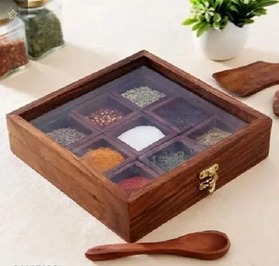 Wooden Spice Box with Anique Lock Table Top Masala Dabba 9 Section/Partition Jars Cum Kitchen with Spoon
