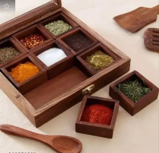Wooden Spice Box with Anique Lock Table Top Masala Dabba 9 Section/Partition Jars Cum Kitchen with Spoon
