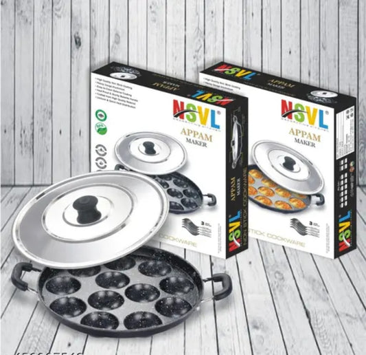 Non Stick 12 Cavity Appam Patra Handle with Lid, Paniyarakkal | Paniyaram | Appam Pan With FREE Brush