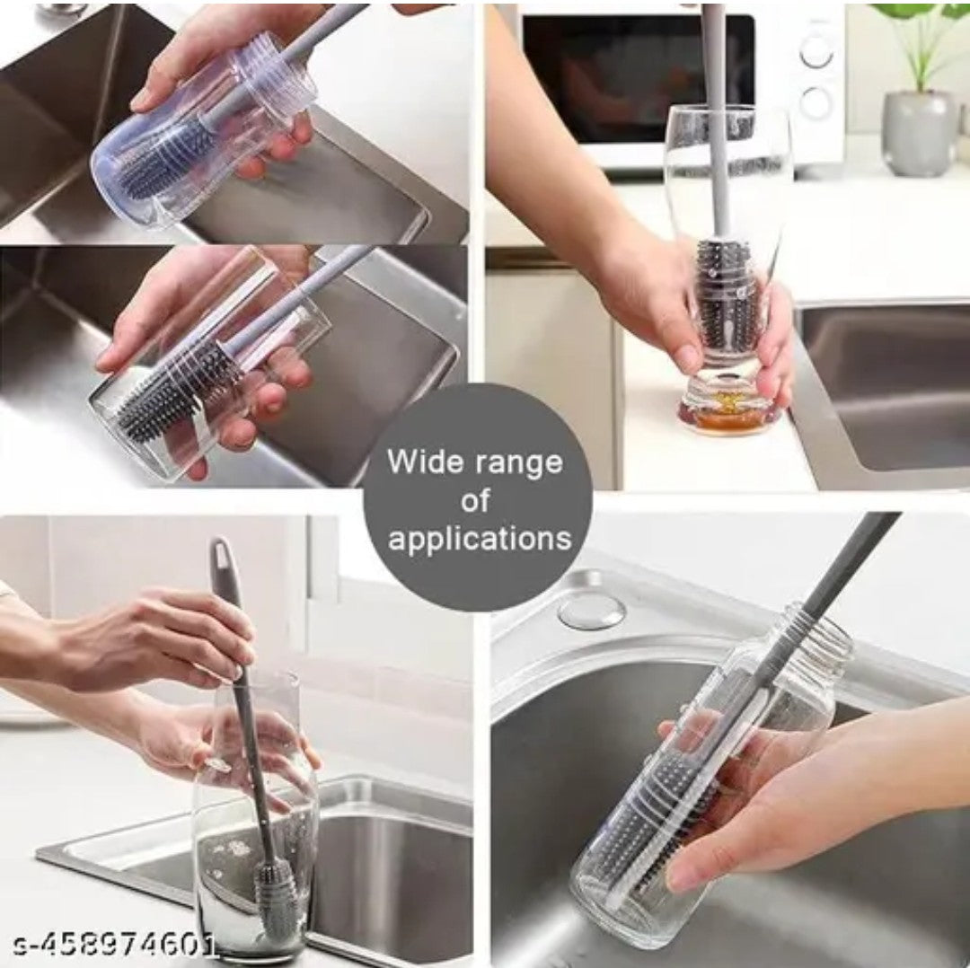 Combo of 1 Pcs 3 in 1 Multifunctional Cleaning Brush,Tiny Bottle Cup Lid Detail Brush,Silicone Bottle Brush,Water Bottle Brush,Bottle Cleaner Brush,Crevice Cleaner Tools,Brushes for Nursing Bottle Cups Cover 1pcs Long bottel Brush (pack of 2)