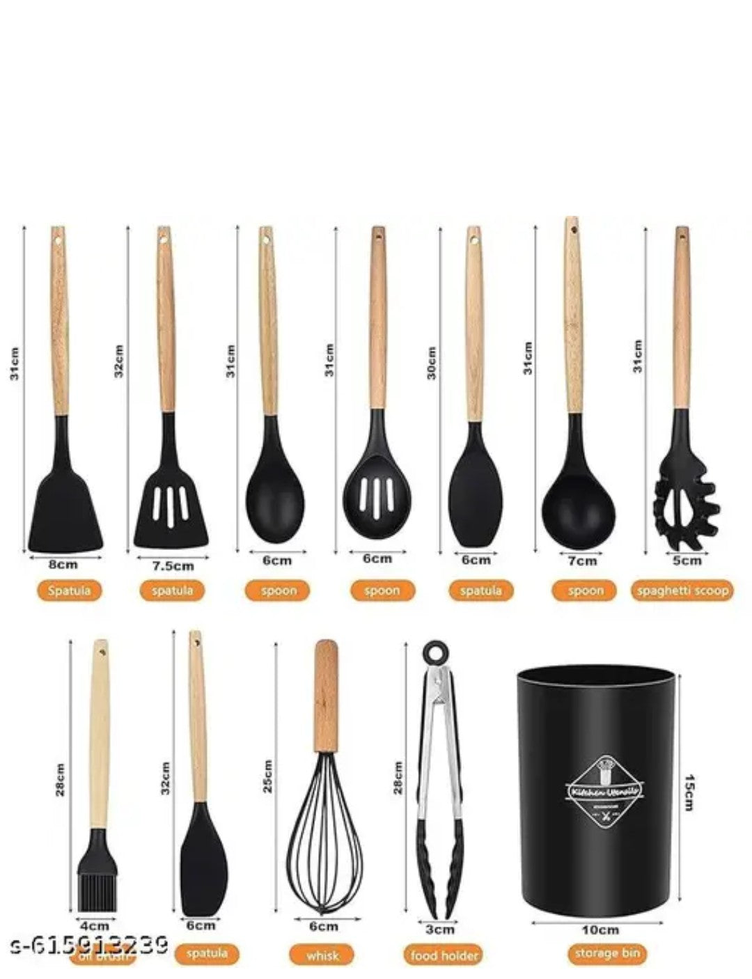 12 Pcs Silicone Cooking Utensils Set with Wooden Handle & Holder | Heat Resistant Non-Stick Kitchen Tools for Cooking & Baking | BPA Free Spatula Spoon Set (Black)
