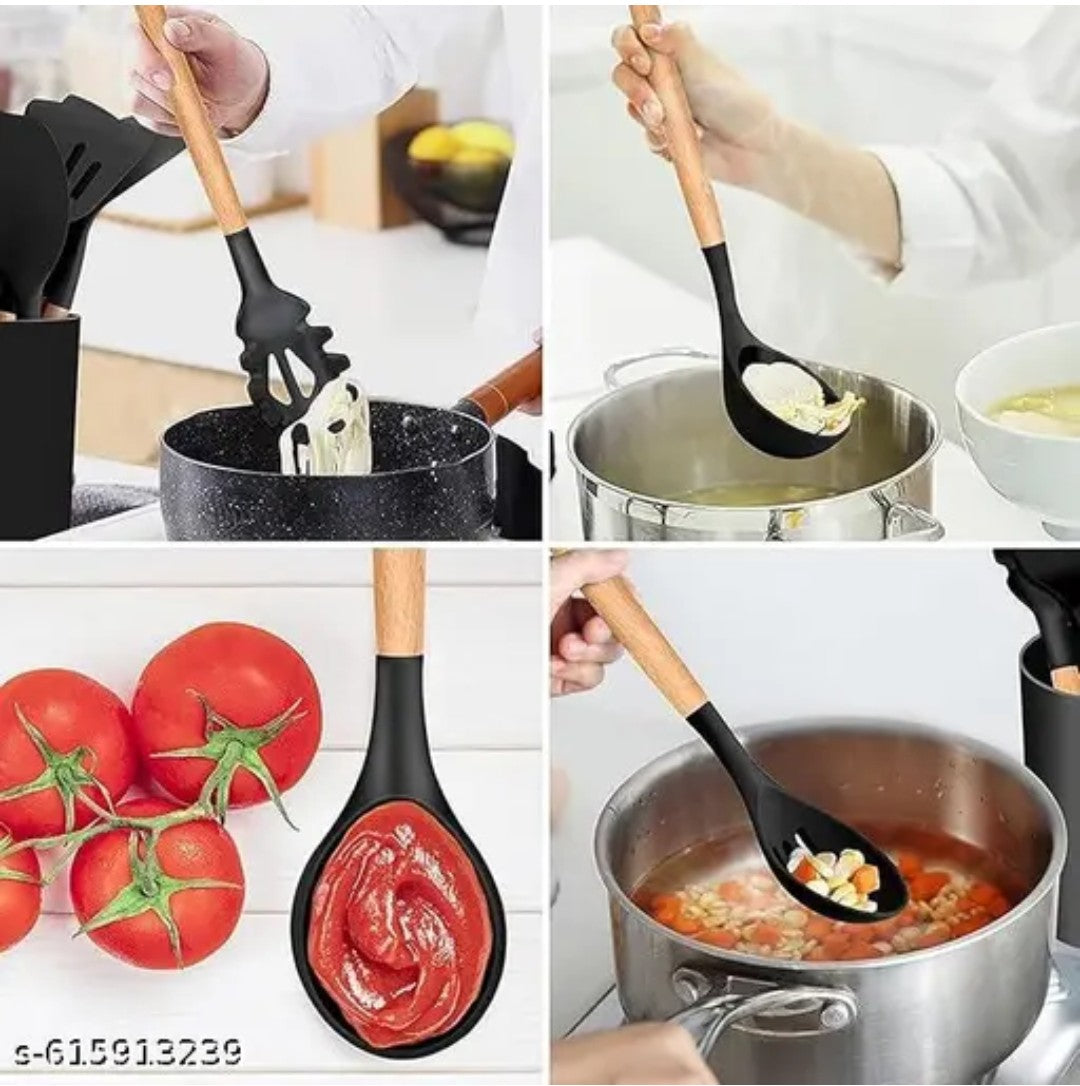 12 Pcs Silicone Cooking Utensils Set with Wooden Handle & Holder | Heat Resistant Non-Stick Kitchen Tools for Cooking & Baking | BPA Free Spatula Spoon Set (Black)
