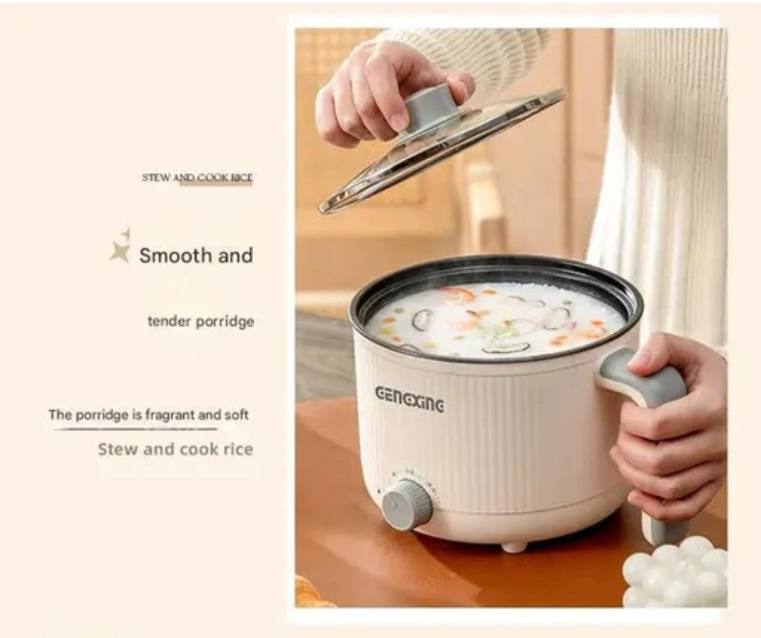 Mini multipurpose electric kettle with steamer 1.5L inner pot Non-stick hotpot cooker for cooking hot water rice idli momos tea 600W Portable Travel