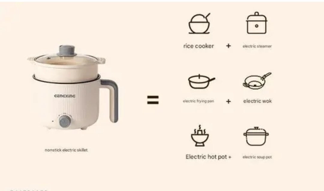 Mini multipurpose electric kettle with steamer 1.5L inner pot Non-stick hotpot cooker for cooking hot water rice idli momos tea 600W Portable Travel