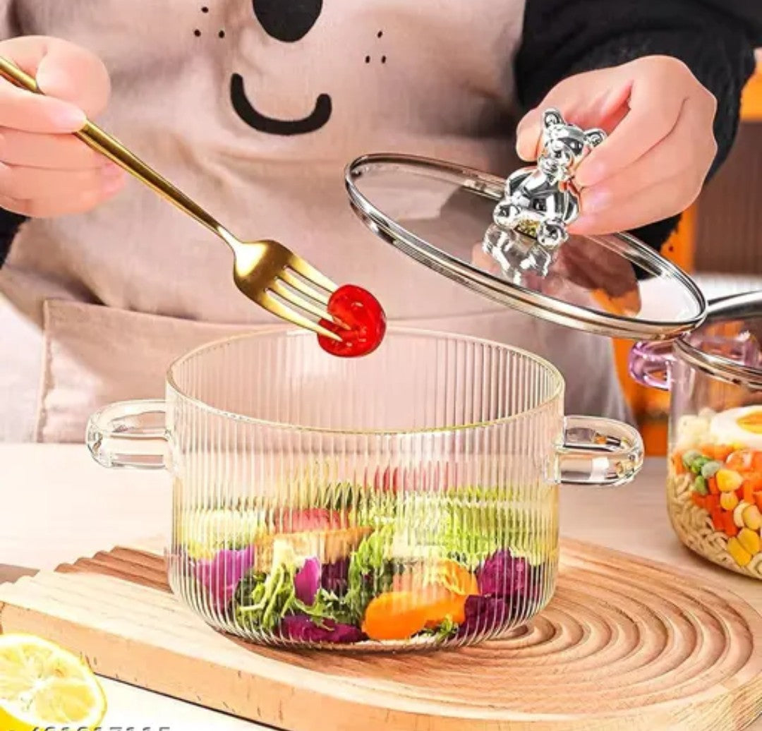 cooking bowl with glass lid Glass Serving Bowl with Lid | Oven Microwave Safe Casserole | Mixing Pottery for Snacks Cake Cereal Rice Sambar | Vessel for Curry Kitchen Server Ware | Hard Bound Utensils 1200ML