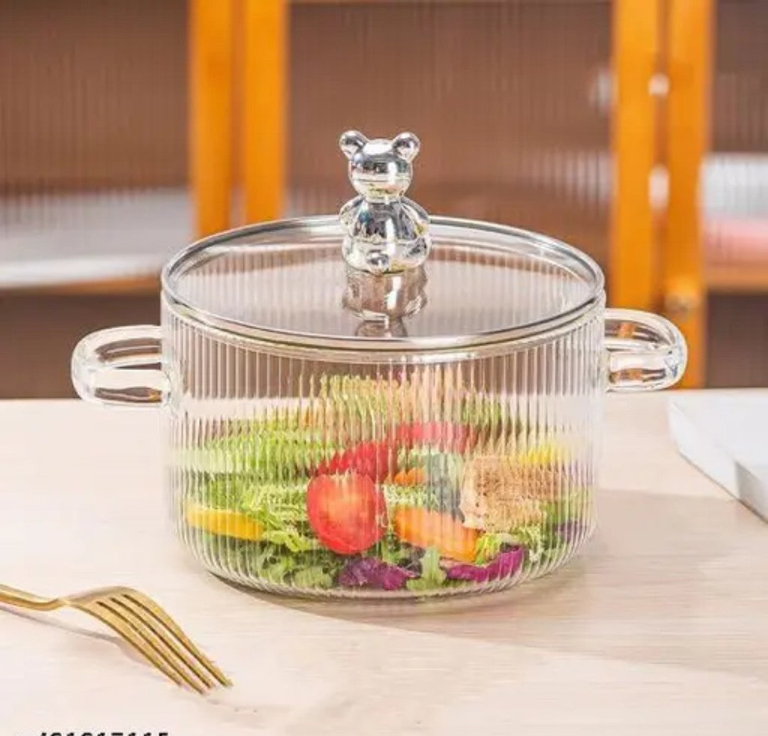 cooking bowl with glass lid Glass Serving Bowl with Lid | Oven Microwave Safe Casserole | Mixing Pottery for Snacks Cake Cereal Rice Sambar | Vessel for Curry Kitchen Server Ware | Hard Bound Utensils 1200ML