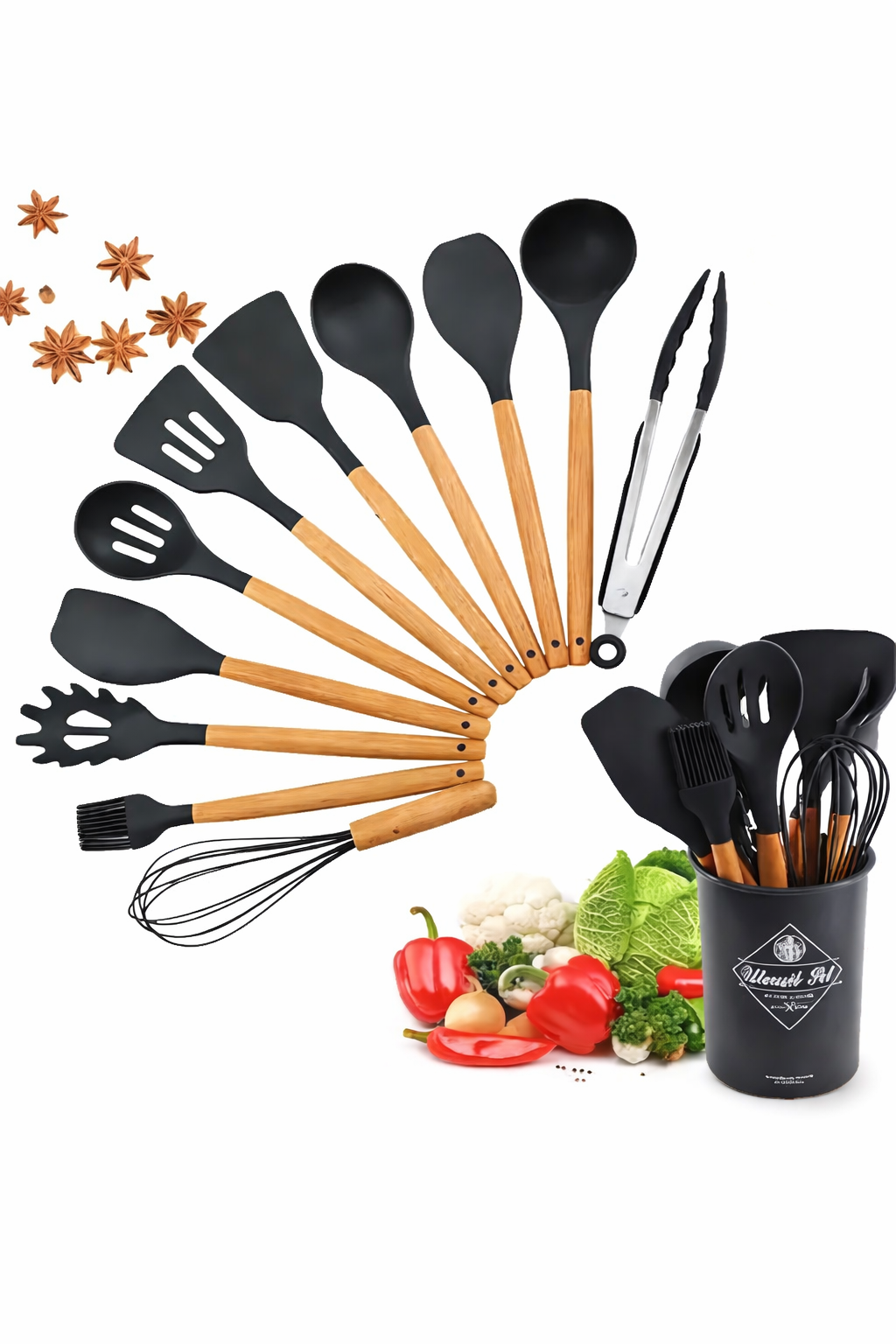 12 Pcs Silicone Cooking Utensils Set with Wooden Handle & Holder | Heat Resistant Non-Stick Kitchen Tools for Cooking & Baking | BPA Free Spatula Spoon Set (Black)