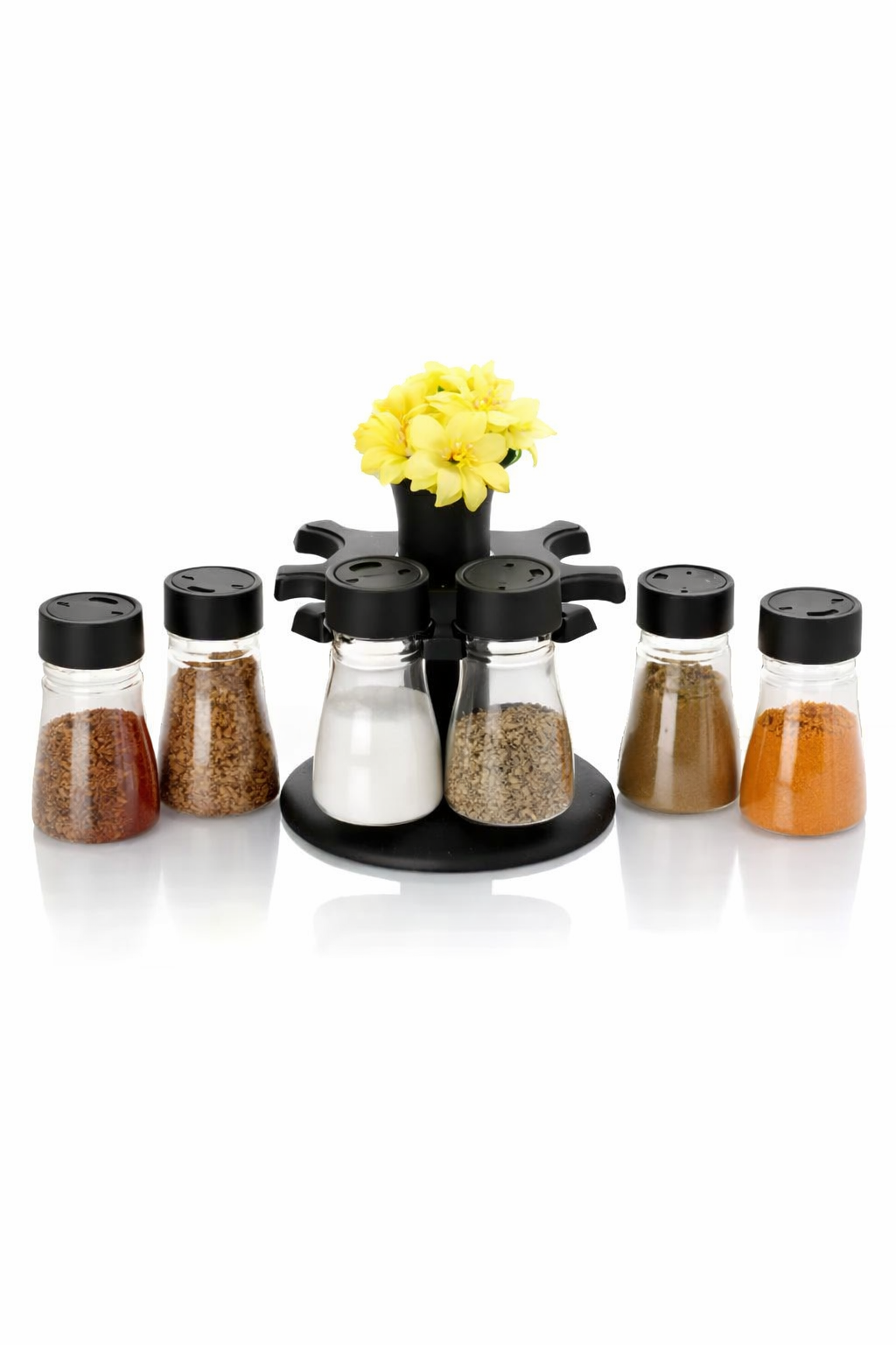 Plastic Big Revolving Spice Rack 8 In 1 Masala Rack Set Condiment Set Spice Container Tabletop Jar Bottle Spice Rack Unbreakable Kitchen Shelves (Black)