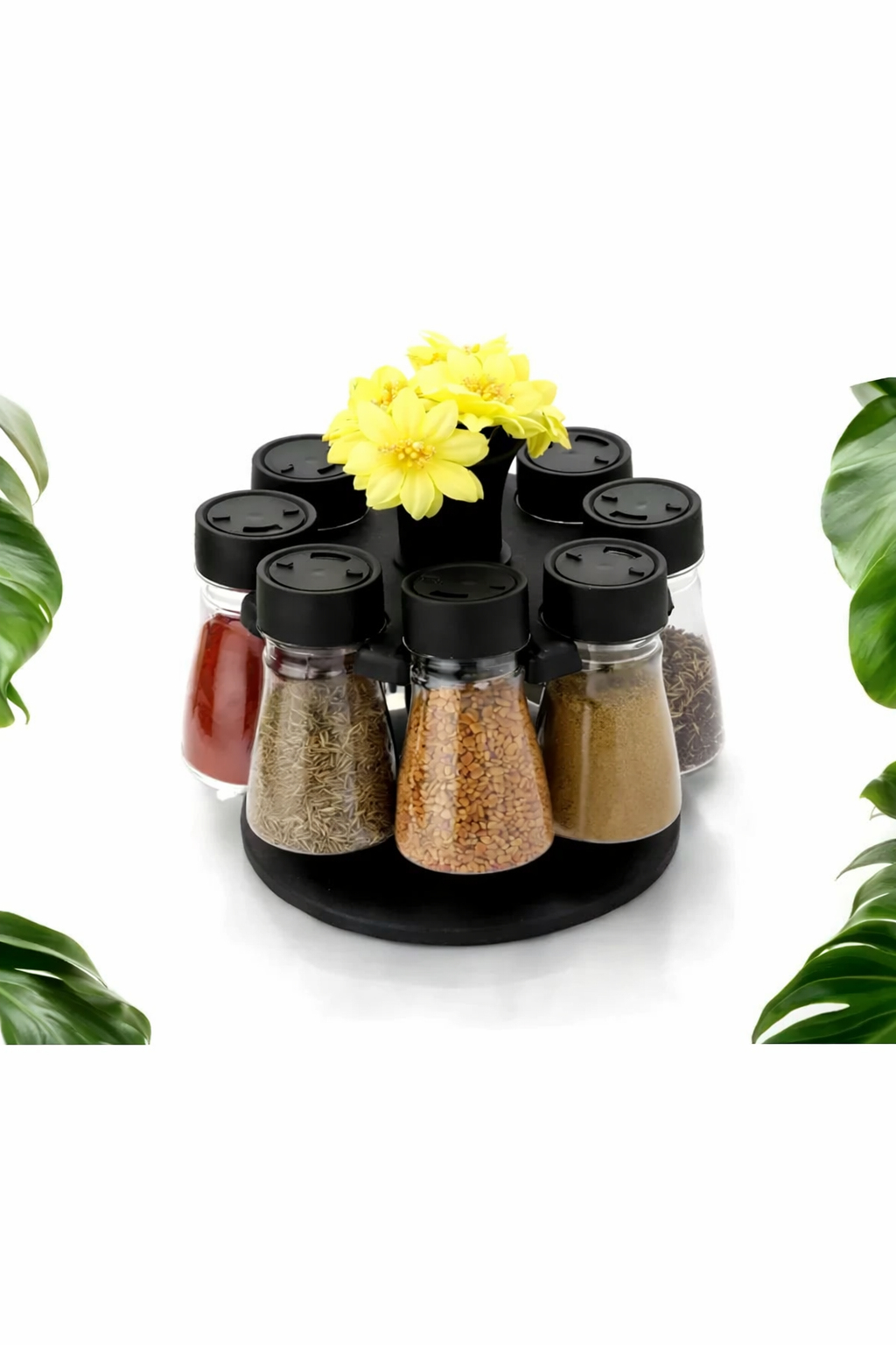 Plastic Big Revolving Spice Rack 8 In 1 Masala Rack Set Condiment Set Spice Container Tabletop Jar Bottle Spice Rack Unbreakable Kitchen Shelves (Black)