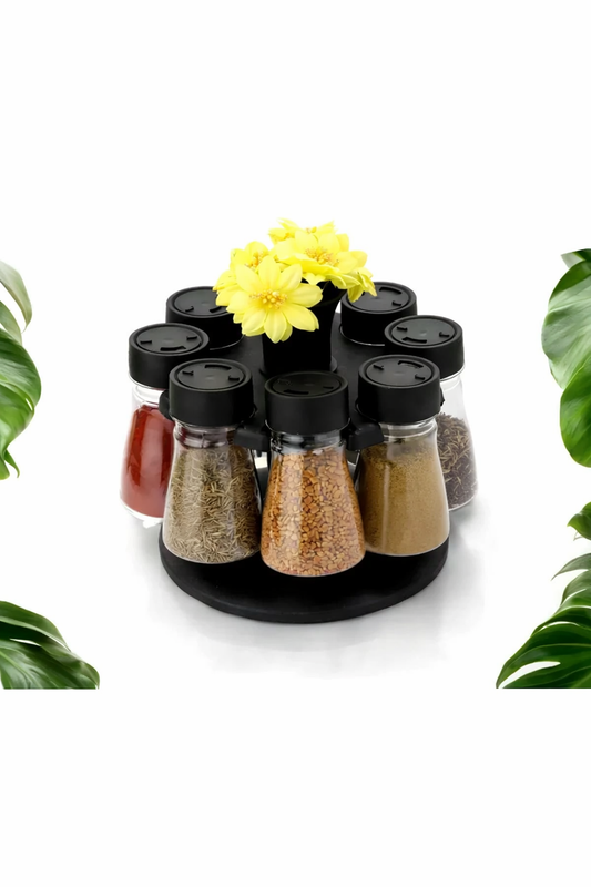 Plastic Big Revolving Spice Rack 8 In 1 Masala Rack Set Condiment Set Spice Container Tabletop Jar Bottle Spice Rack Unbreakable Kitchen Shelves (Black)