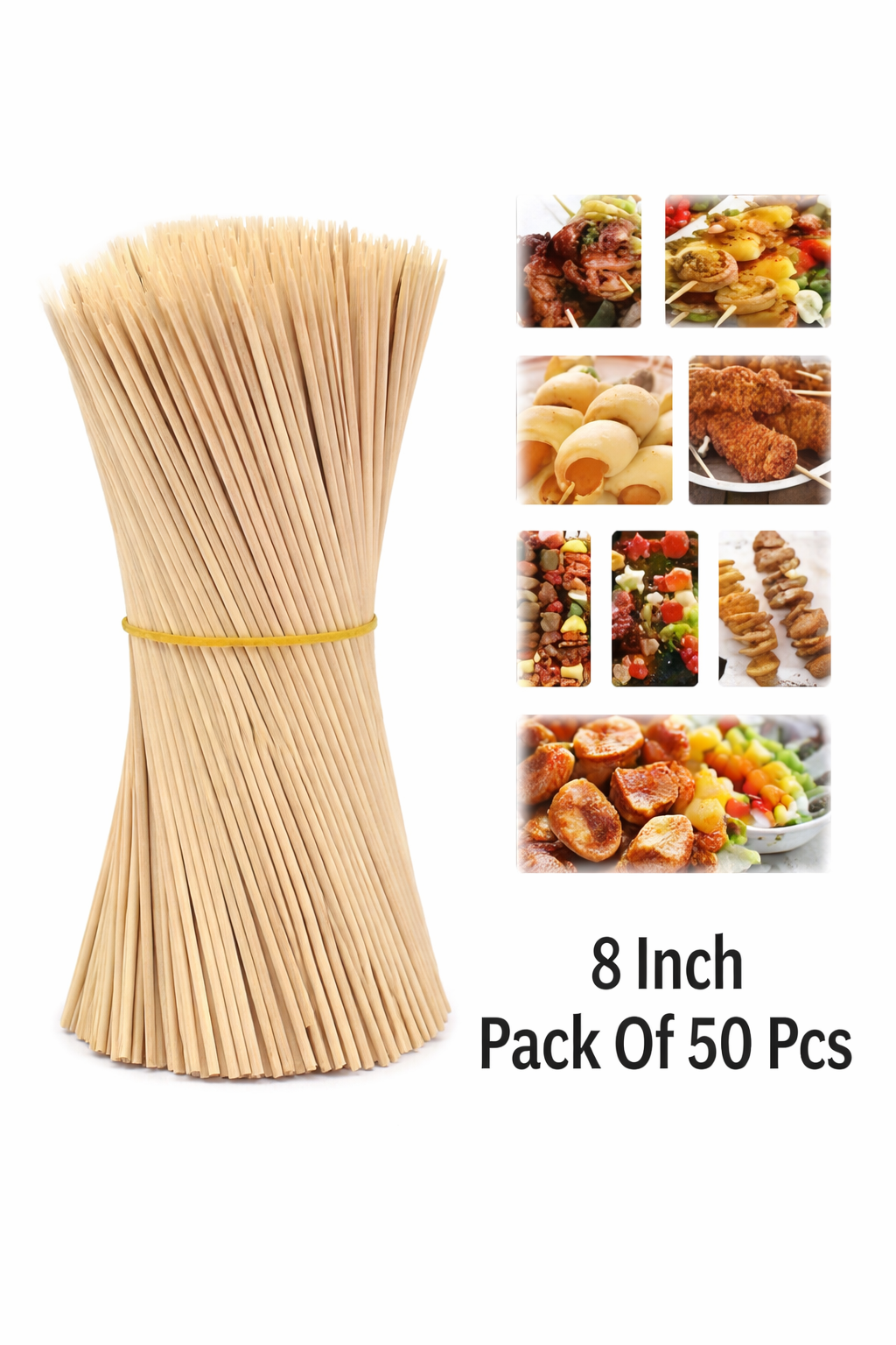 8 inch Bamboo Skewers Wooden Barbecue Sticks for BBQ Roast Kabab Grill Chicken Tikka Fruit Salad Pack Of 50 Pieces