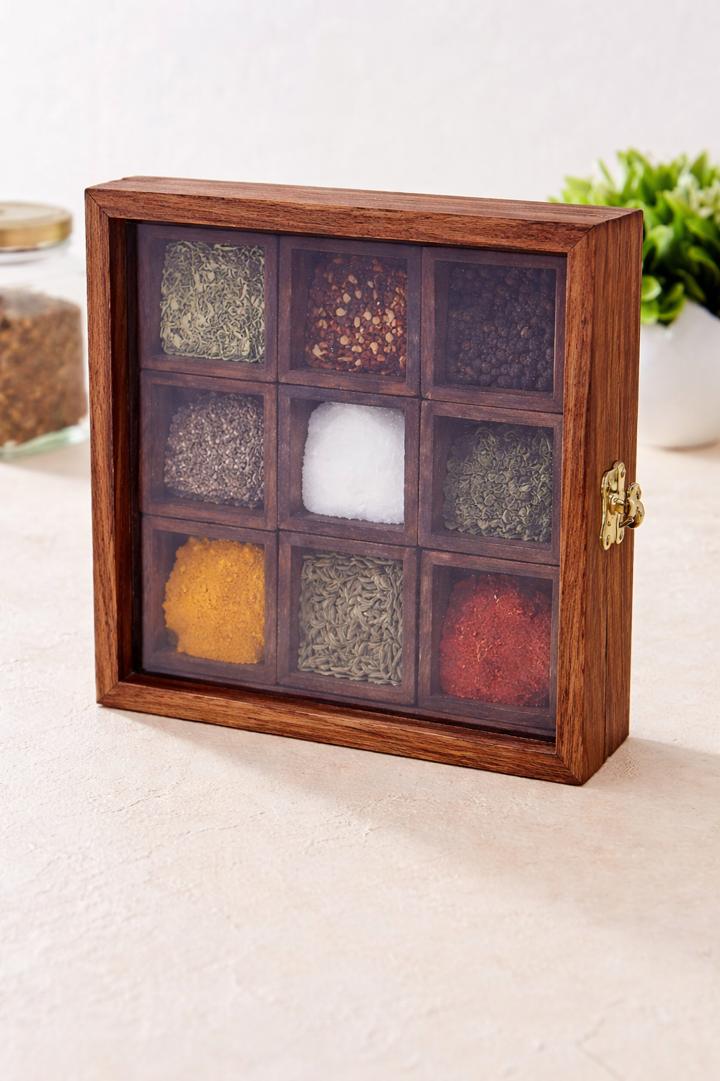 Wooden Spice Box with Anique Lock Table Top Masala Dabba 9 Section/Partition Jars Cum Kitchen with Spoon