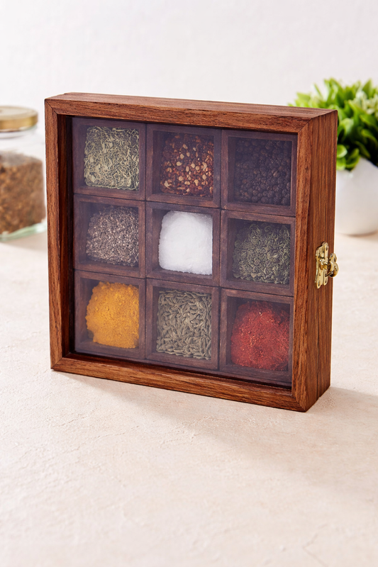 Wooden Spice Box with Anique Lock Table Top Masala Dabba 9 Section/Partition Jars Cum Kitchen with Spoon