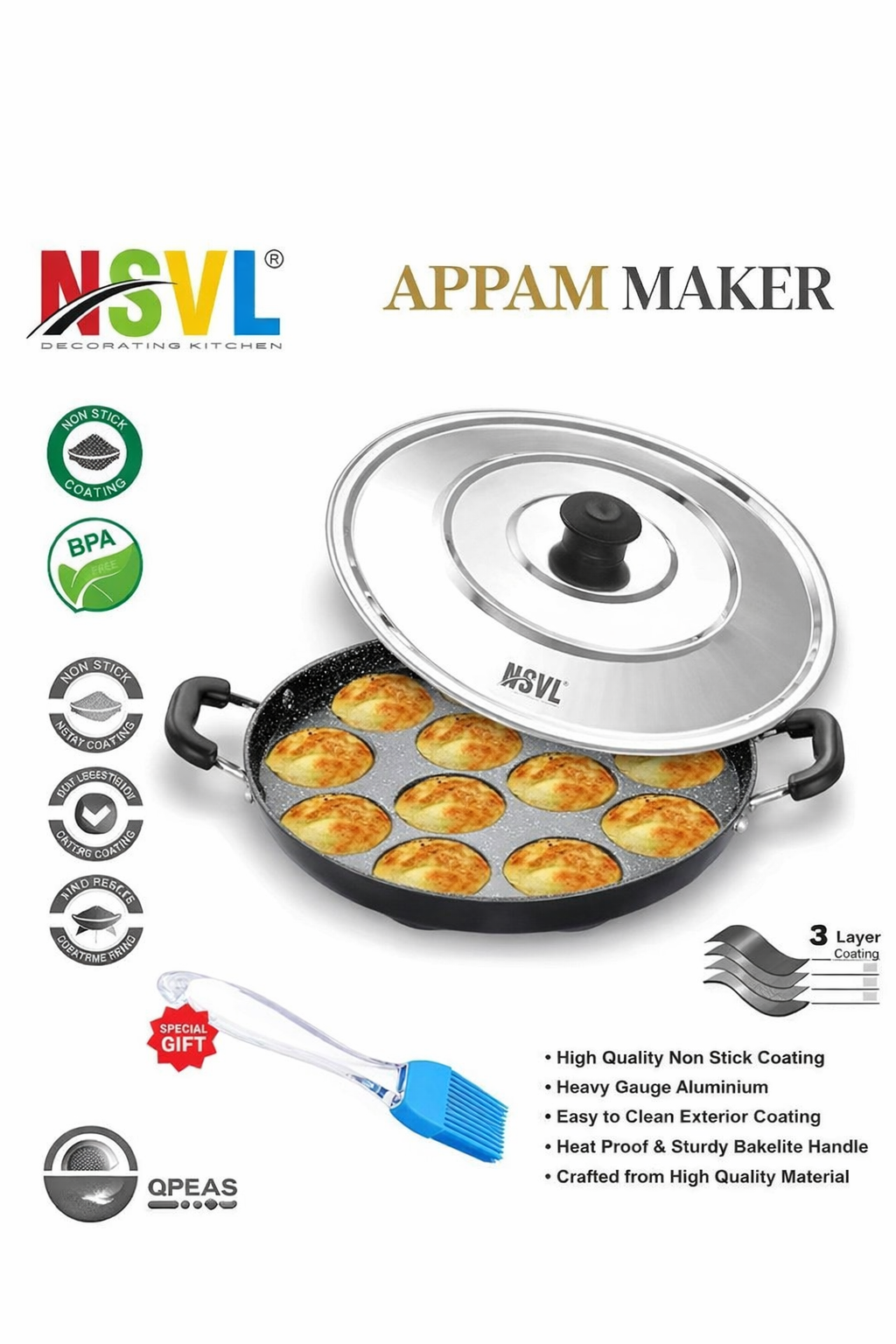 Non Stick 12 Cavity Appam Patra Handle with Lid, Paniyarakkal | Paniyaram | Appam Pan With FREE Brush