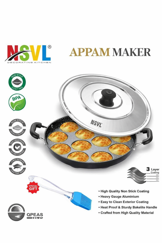 Non Stick 12 Cavity Appam Patra Handle with Lid, Paniyarakkal | Paniyaram | Appam Pan With FREE Brush